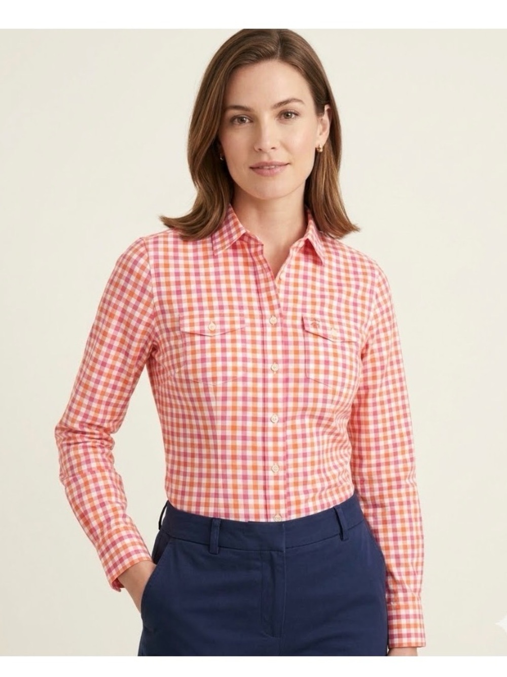 Brooks Brothers Long Sleeve Button Down Orange & Pink Plaid Top sz 2 EUC